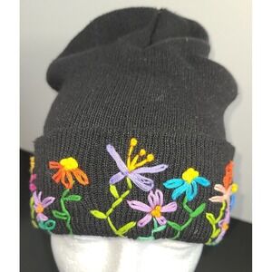 Hand Embroidered FLOWERS Soft Knit BLACK Beanie Cap / Hat Garden Girl